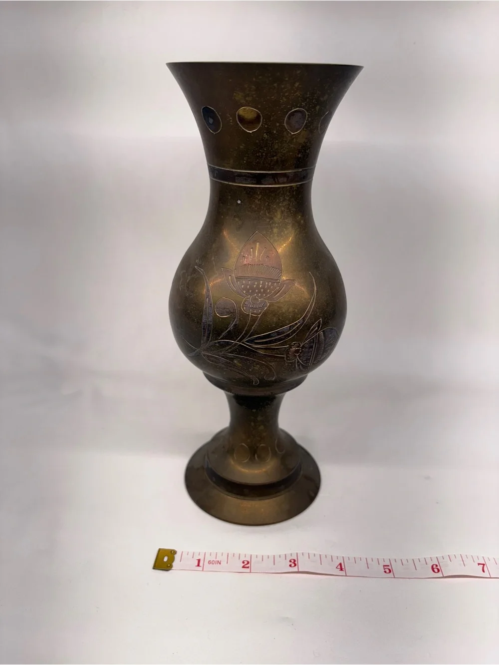 Vintage Etched Brass Footed Vase Floral Boho Decor